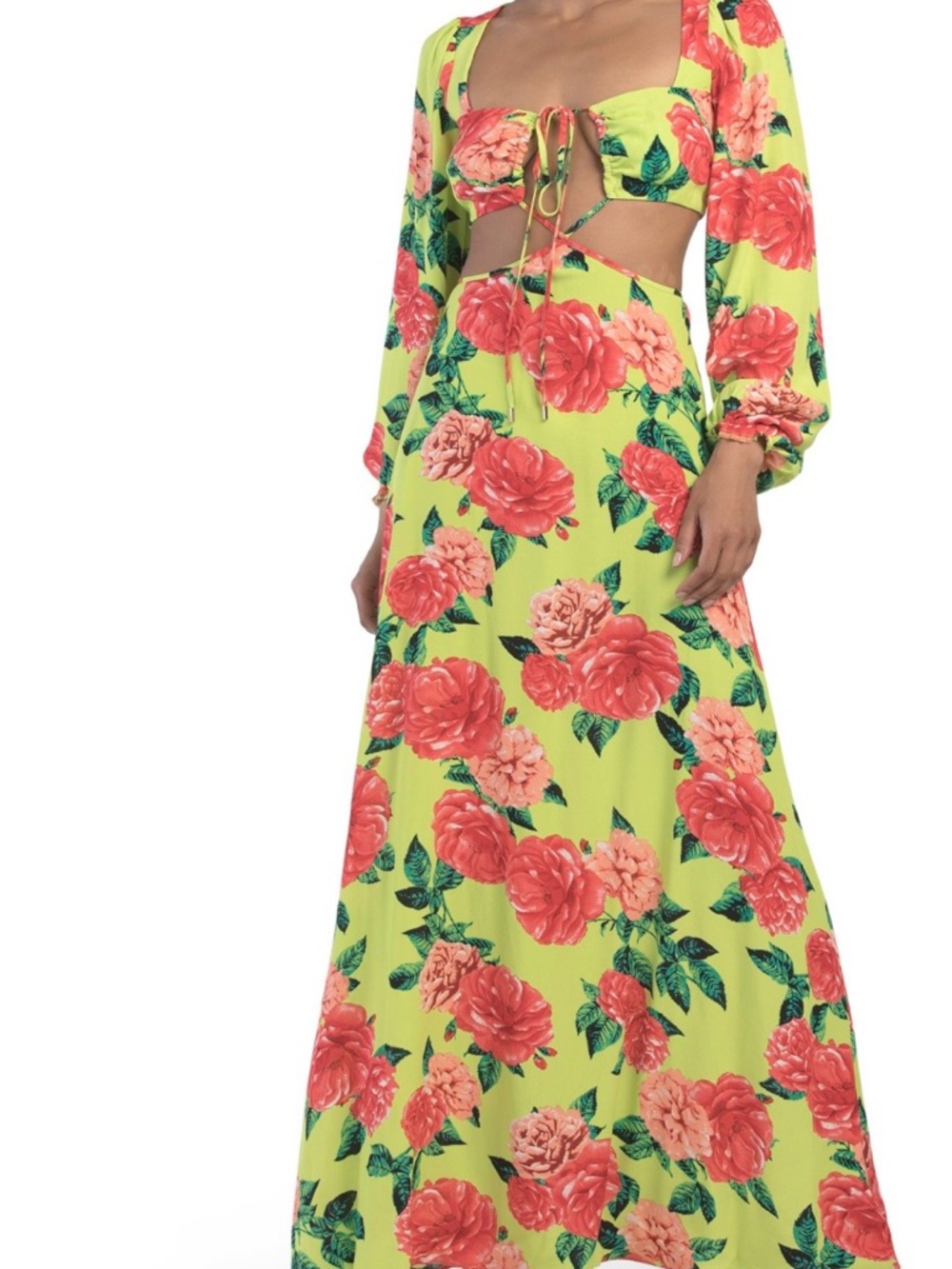 AFRM Bekah Floral Cutout Maxi Dress in Lime with Coral Roses